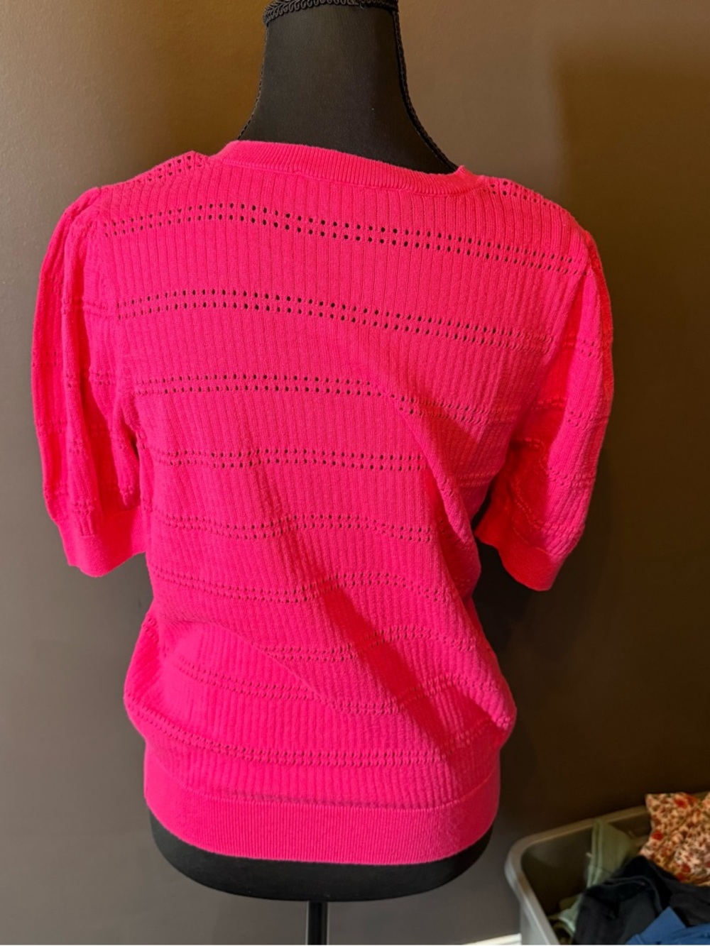 LOFT Bright Pink Short Sleeve Openwork Knit Top - Picture 3 of 4